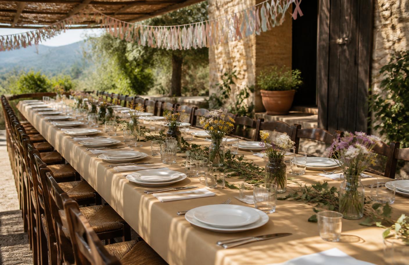 Mesa larga preparada para una celebración familiar en la finca