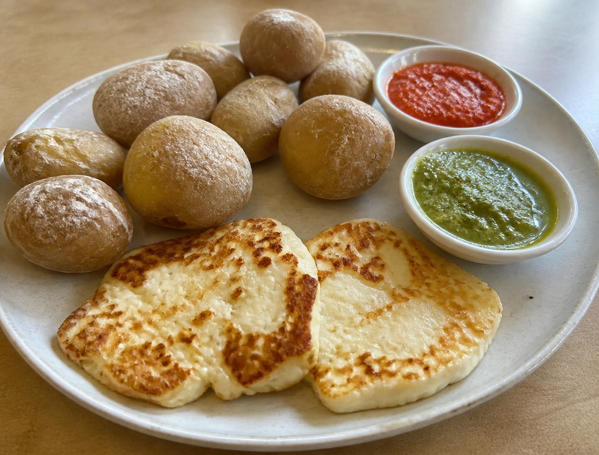 Papas arrugadas con mojo rojo y verde y queso frito